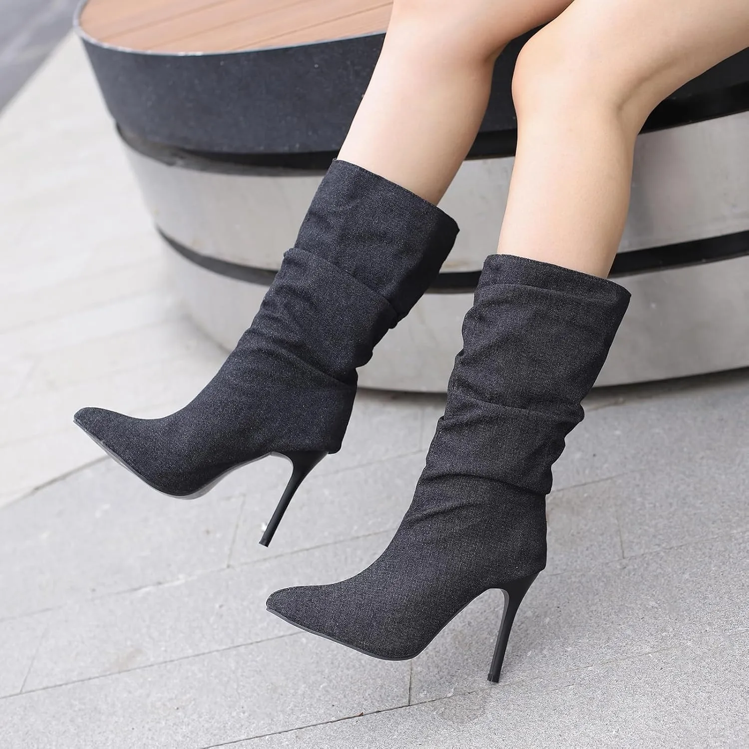 Womens Stiletto Denim Pointed Toe Mid Calf Boots