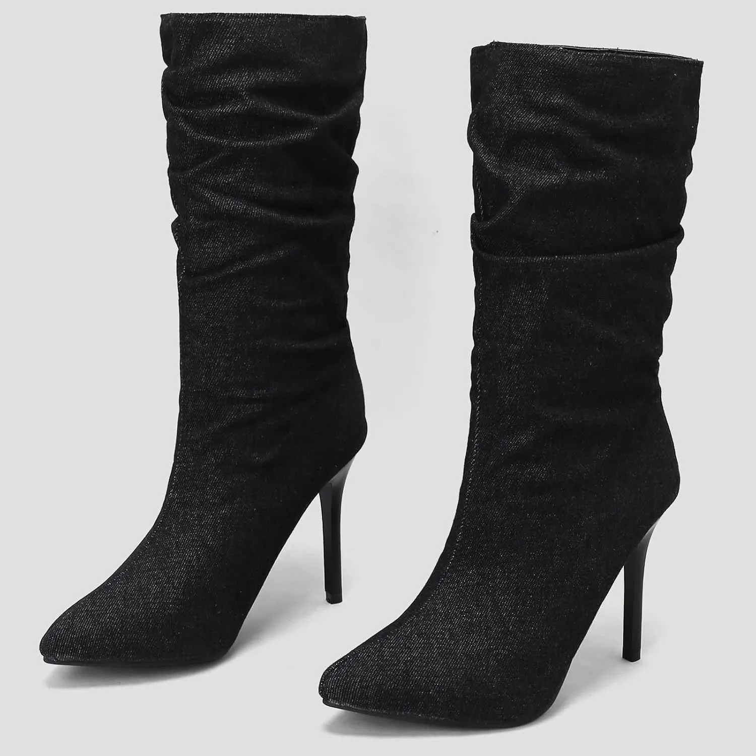 Womens Stiletto Denim Pointed Toe Mid Calf Boots