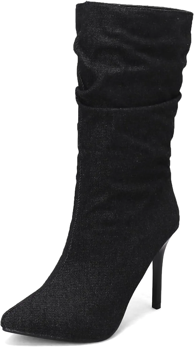 Womens Stiletto Denim Pointed Toe Mid Calf Boots