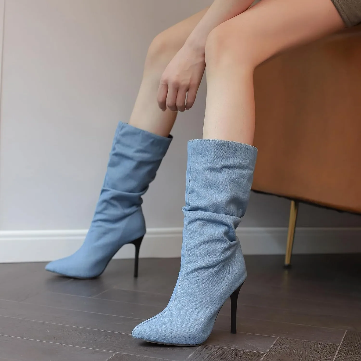 Womens Stiletto Denim Pointed Toe Mid Calf Boots