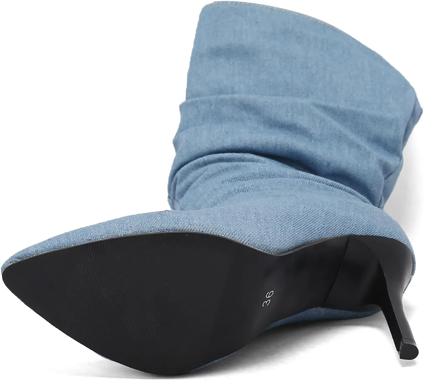 Womens Stiletto Denim Pointed Toe Mid Calf Boots