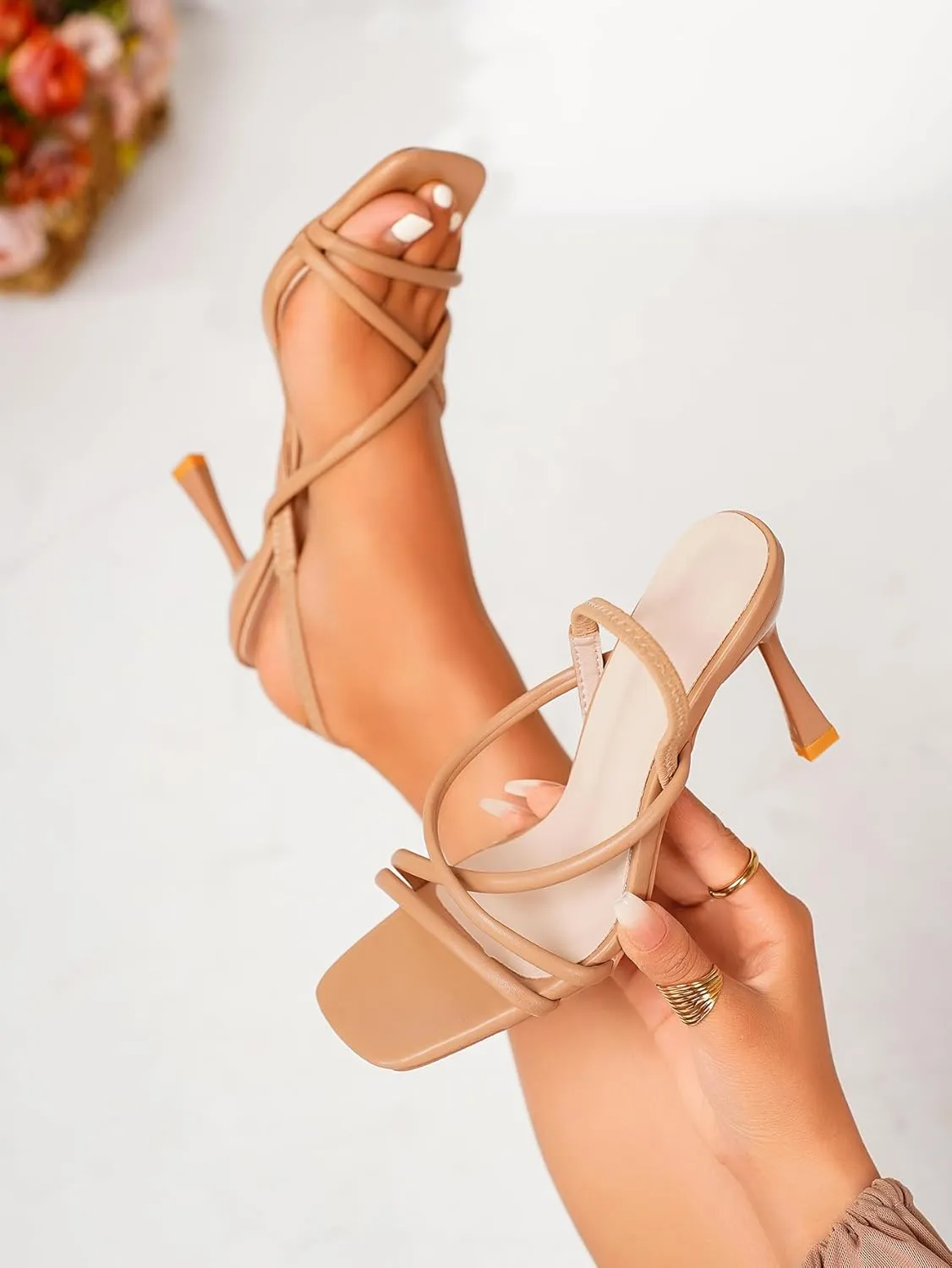 Womens Strappy High-Heel Sandals  Square-Toe Design with Orange Heel Accent & Back Strap  Elegant Dress Shoes for Dinners, Parties & Formal Occasions