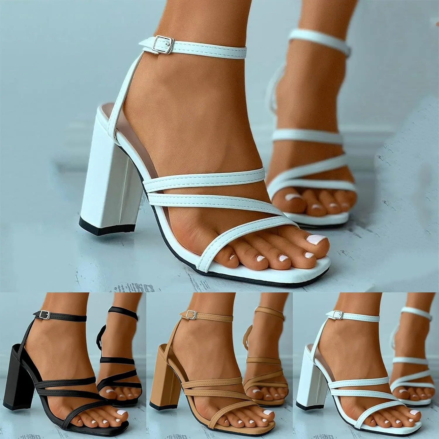 ZSpzx Block Heel Sandals for Women 2025 Comfort Dressy Women's Heels Chunky Block Strappy Square Open Toe Ankle Heeled Sandal Slides Slip On Dressy Sexy Fashion Comfort Wedding Party Dress Shoes