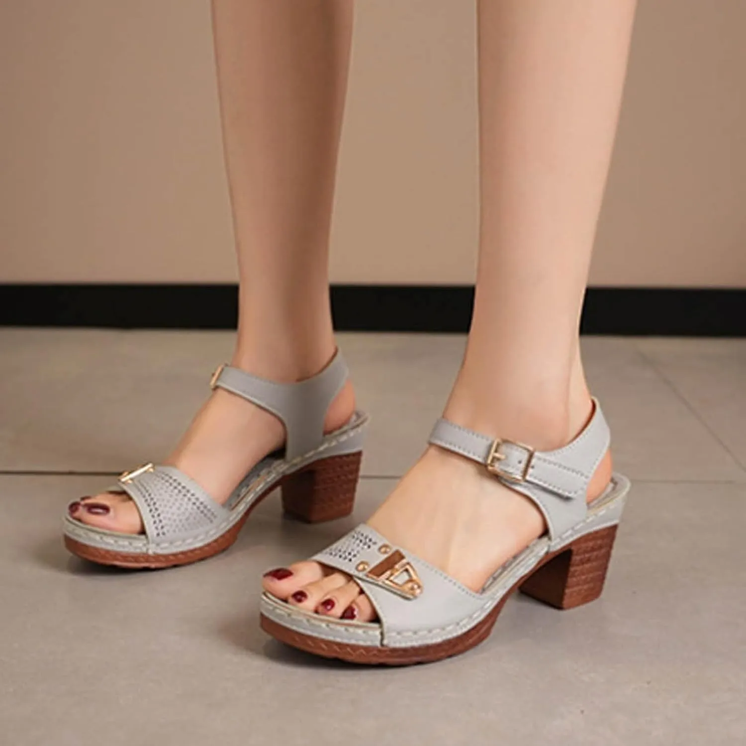 ZSpzx Summer Sandals For Women 2025,Block Heel Sandals Comfort Dressy Open Toe Women's Chunky Mid Heels Ankle Straps Sandal Metal Comfortable Adjustable Walking Shoes for Daily Wear