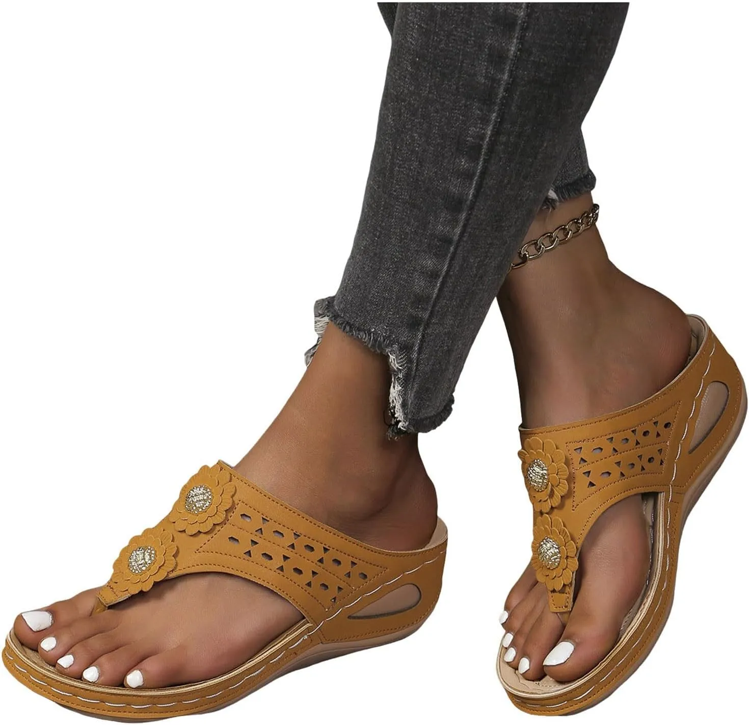 ZSpzx Women's Orthotic Cushion Flip Flops Recovery Walking Sandals for Women Arch Support Wedge Thong T-Strap Casual Flat Slippers Slide Comfortable Flowers Slip on Plantar Fasciitis Beach Shoes
